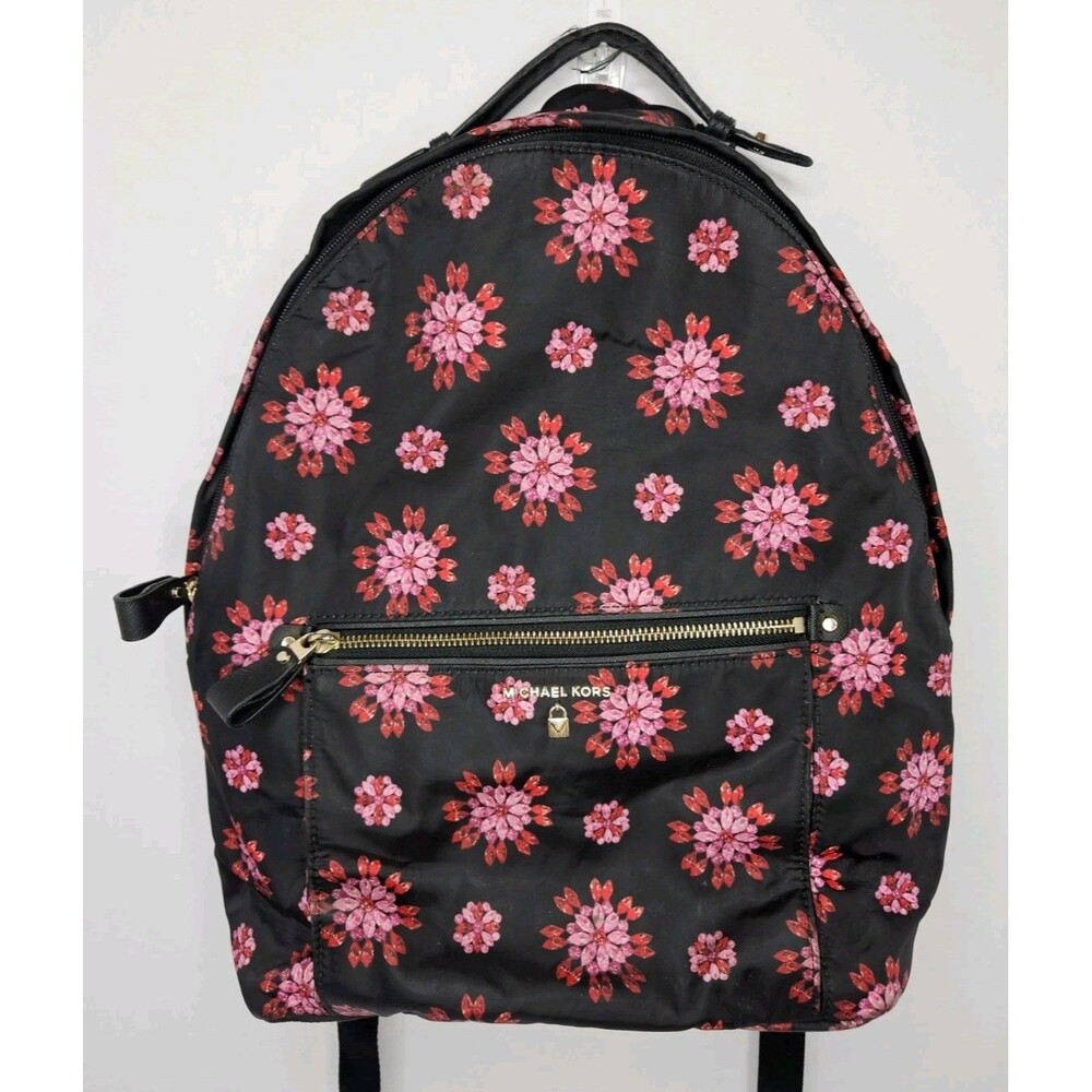 Michael Kors Kelsey Black Ultra Pink Ruby Jewel Floral Large Nylon Backpack
